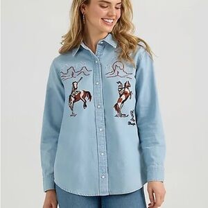 Wranglers Western Light Blue Denim Western Embroidered Button Down Shirt M
